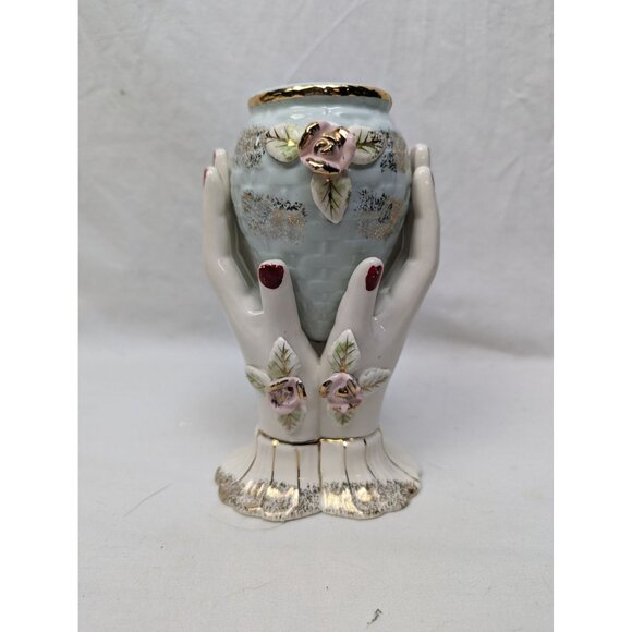 Vintage Retro Betsons Blue Porcelain Elegant Lady Hands Holding Blue Bud Vase - Picture 1 of 4